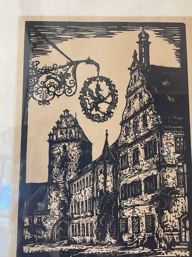 VINTAGE PAIR WOODBLOCK PRINT ROTHENBURG OB DER TAUBER BY W. HUNDT SIGNED, FRAMED - Picture 9 of 20
