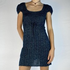 Vintage Blue Knit Mini Dress with Pockets - Size Medium