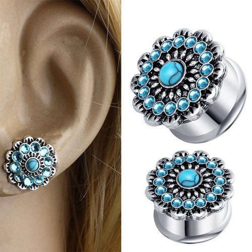 2X 6-18mm Steel Rhinestone Turquoise Saddle Ear Plug Flesh Tunnel Gauge Expander