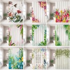 3D Green Leaf Flower Shower Curtain Bathroom Curtain with 12 Hooks Waterproof