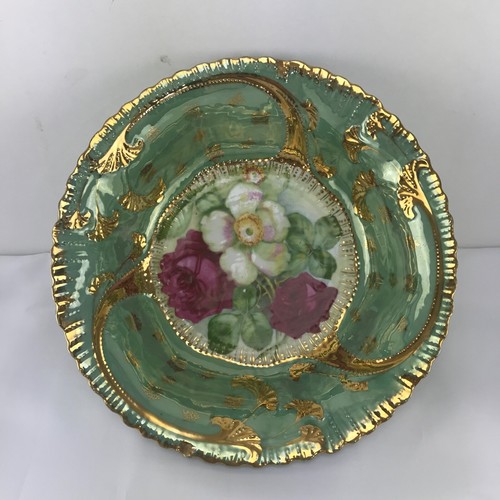Vintage Germany Porcelain Scalloped Bowl with Roses Floral Gold Blue Lustre Edge - Picture 7 of 11
