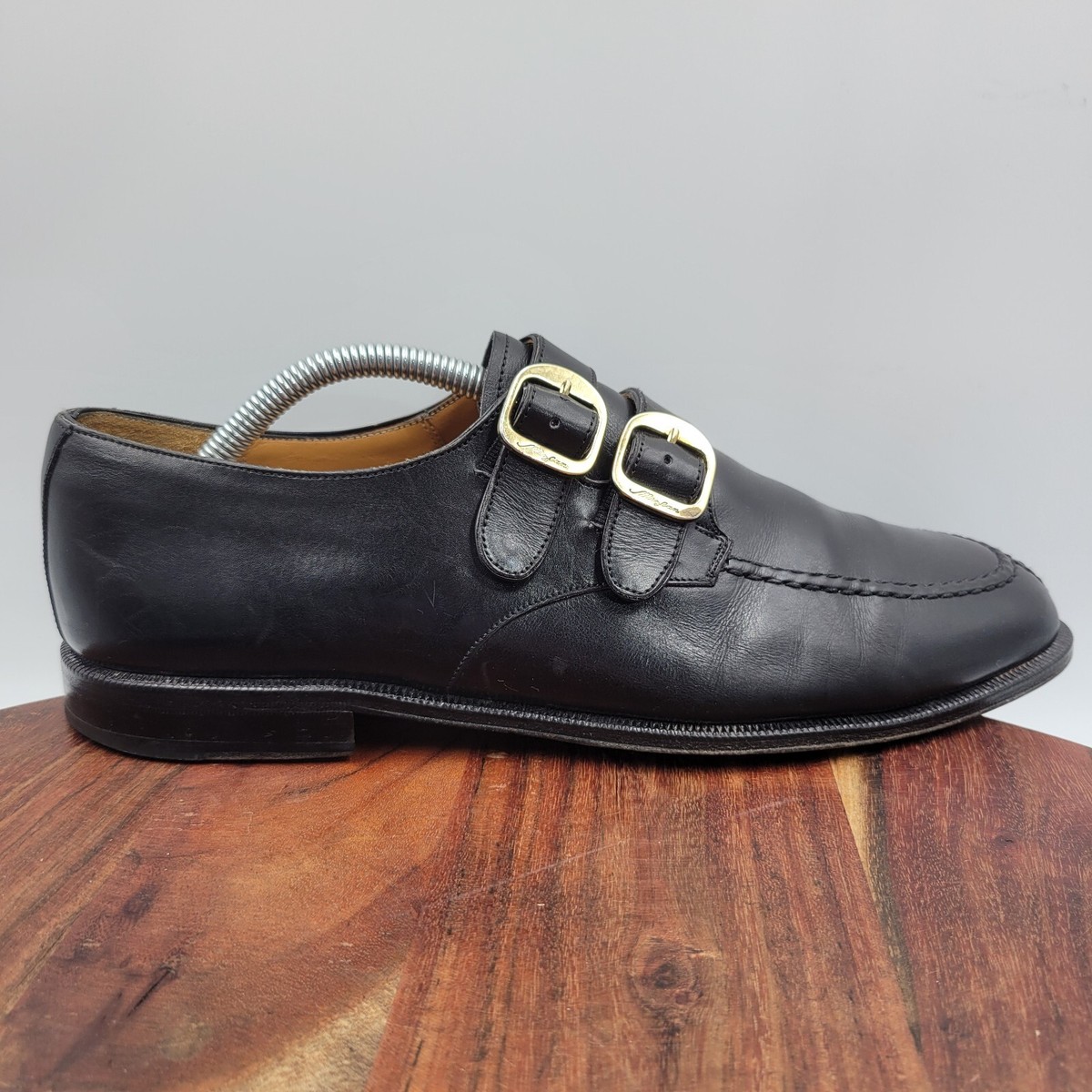 Mezlan Bayonne Shoes Men's 9M Black Leather Double Monk Strap Gold Buckle  Dress