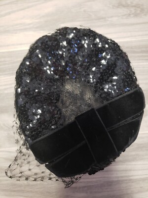 Vintage 50s Black Sequin And Velvet Bow Hat With Veil | eBay display picture 3