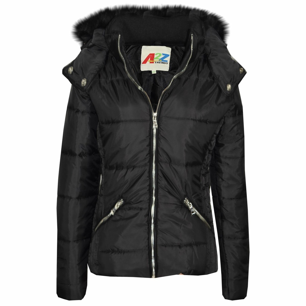 Kids Quilted Black Puffer Coat Faux Fur Collar Hood Jacket For - Main Image