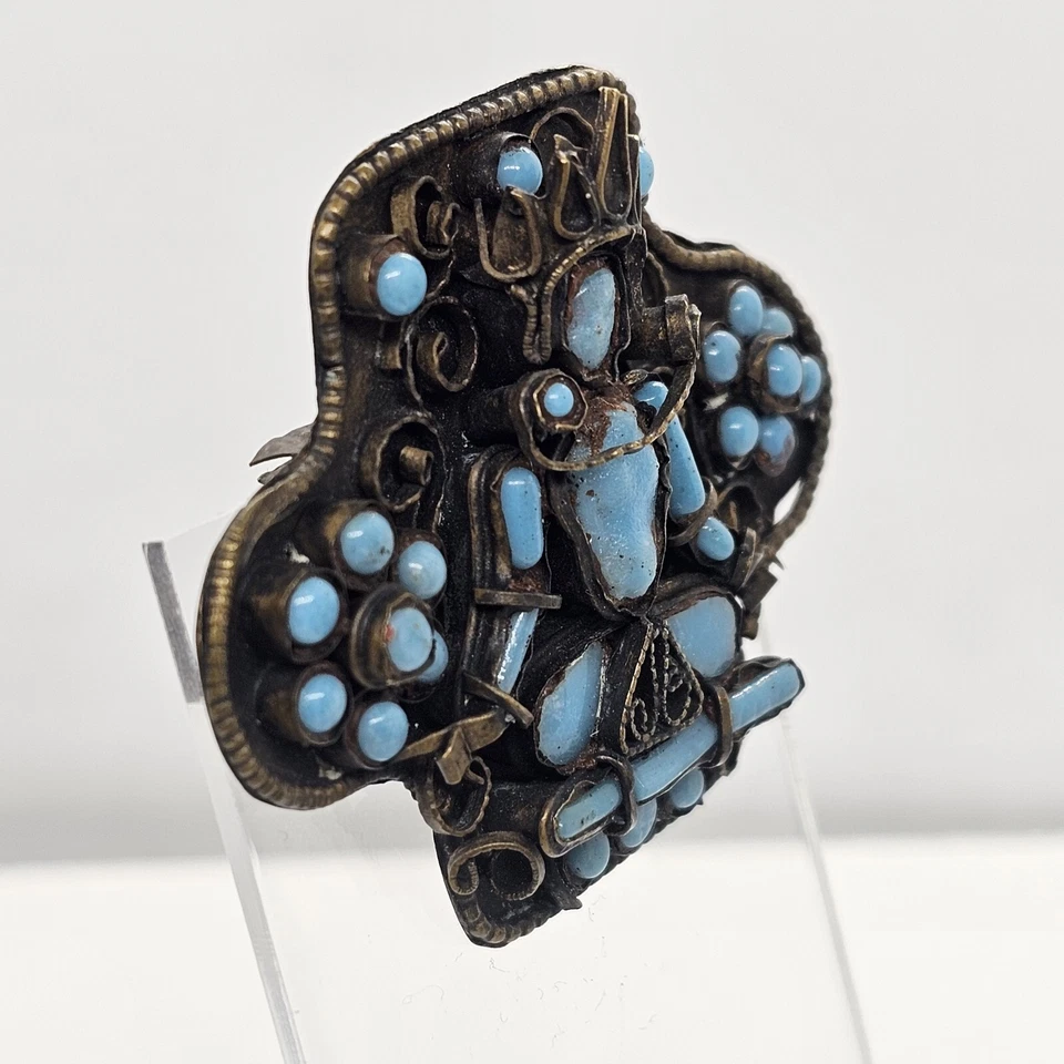 Vintage Asian Turquoise Glass and Brass Buddha Brooch Tibetan Nepalese - Image 2 of 4