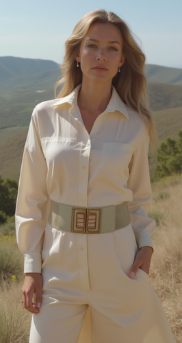 Women Ivory Cream Elastic Elegant Fashion Belt Gold Bling Square Fun Buckle S M - 第 2/24 張圖片