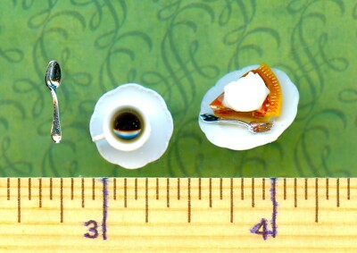 Dollhouse Miniature Slices of Pumpkin Pie on a Plate & A Cup of Coffee