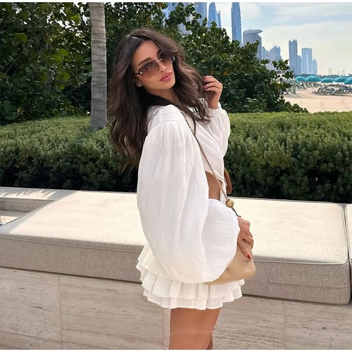 Hollow Out Damen Kurz Rock Saum Langarm Tiefer V Ausschnitt Urlaub Abendkleid - Bild 10 von 16