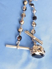 VINTAGE BLING SILVER METAL AND GLASS BEADED WATCH FOB AND CHAIN 16"