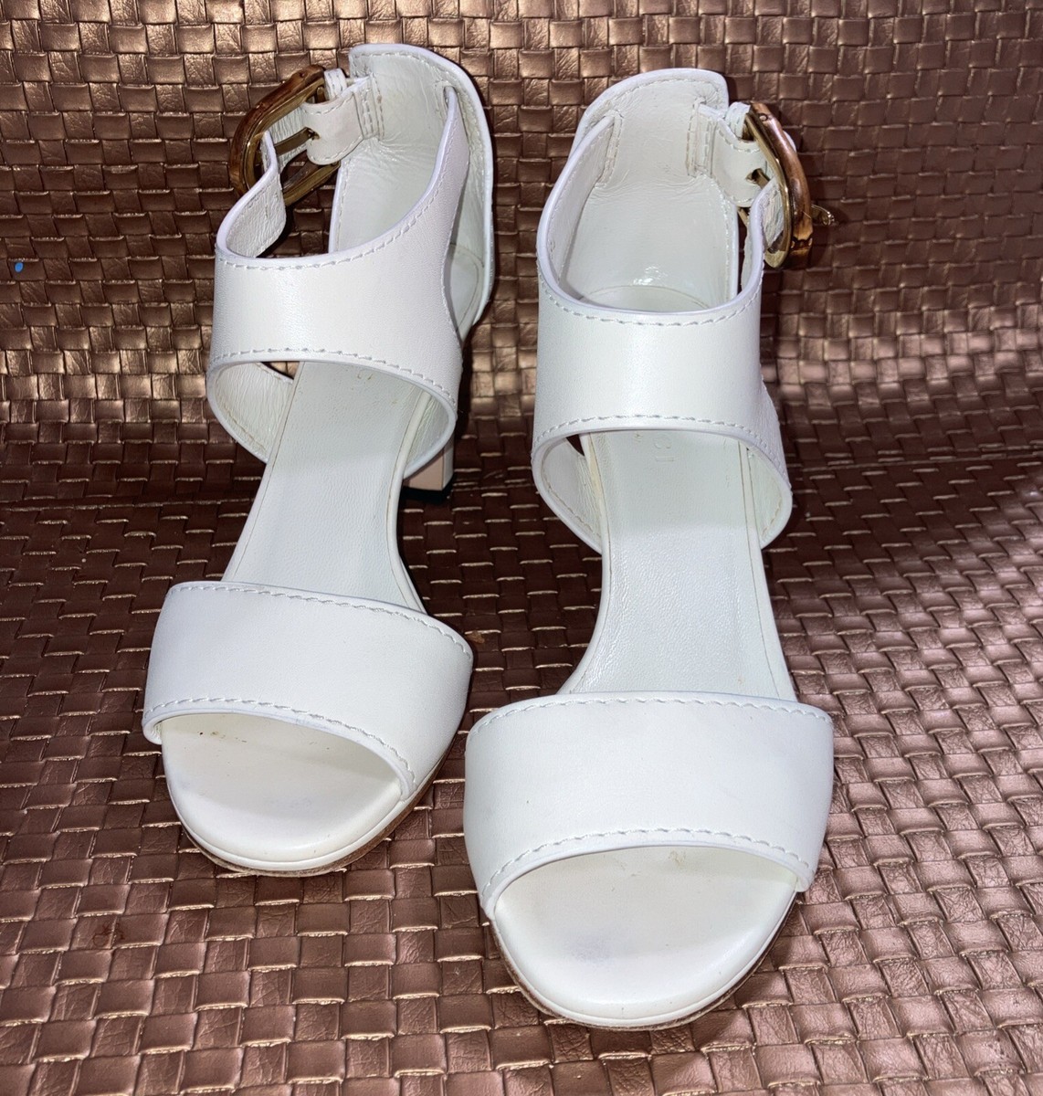 Gucci White Leather Lifford Bamboo Buckle Block Heel Sandals Size
