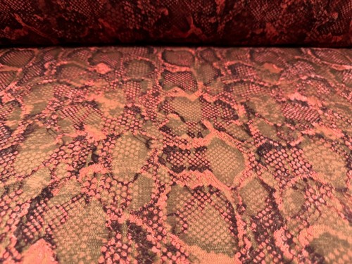 Stretch Spandex Mesh Lace Fabric, Per Metre - Snakeskin Print - Coral Pink - Picture 2 of 3