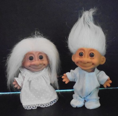 2 VINTAGE 5'' Russ Troll dolls~she  pink hair and dress~He blue hair and jumpsuit