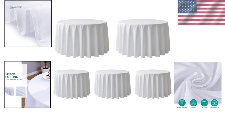 Durable 5-Pack White Round Tablecloths - 120-Inch, Ideal for Weddings & Banquets - Image 2 of 4