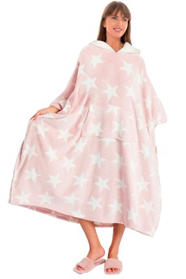 i-Smalls Damen rosa Sterne Poncho Fleecedecke Oberteil mit Sherpa gefütterter Kapuze