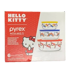 Pyrex HELLO KITTY 6-Piece Glass Storage Set Rainbow Hair Ribbons Red Blue Yellow