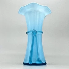 Blue Overlaid Blown Glass Vase Ruffled Edge White Interior Applied Ribbon Detail