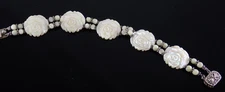 Vintage Mother of Pearl Carved Rose Bracelet 7" Double Strand Silver Tone