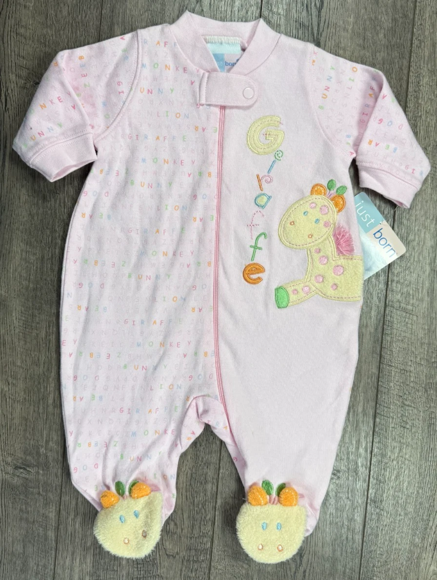 Baby Girl Clothes New Vintage Just Born 0-3 Month Pink Giraffe Footed Outfit