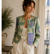 Anne Crimmins UMI Vintage Silk Art Print Blazer Jacket SZ10 Luxe Boho Cottage