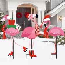 3 Pcs Christmas Flamingo Yard Metal Stakes Decoration Xmas Metal Pink Flaming...