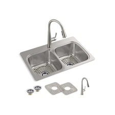 KOHLER Verse Stainless Steel 33 in. Double Bowl Drop-In Kitchen Sink with Faucet