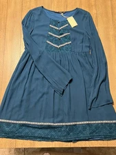 NWT -Teal Blue Western Open Bell Sleeve Lace Trim Dress - Large