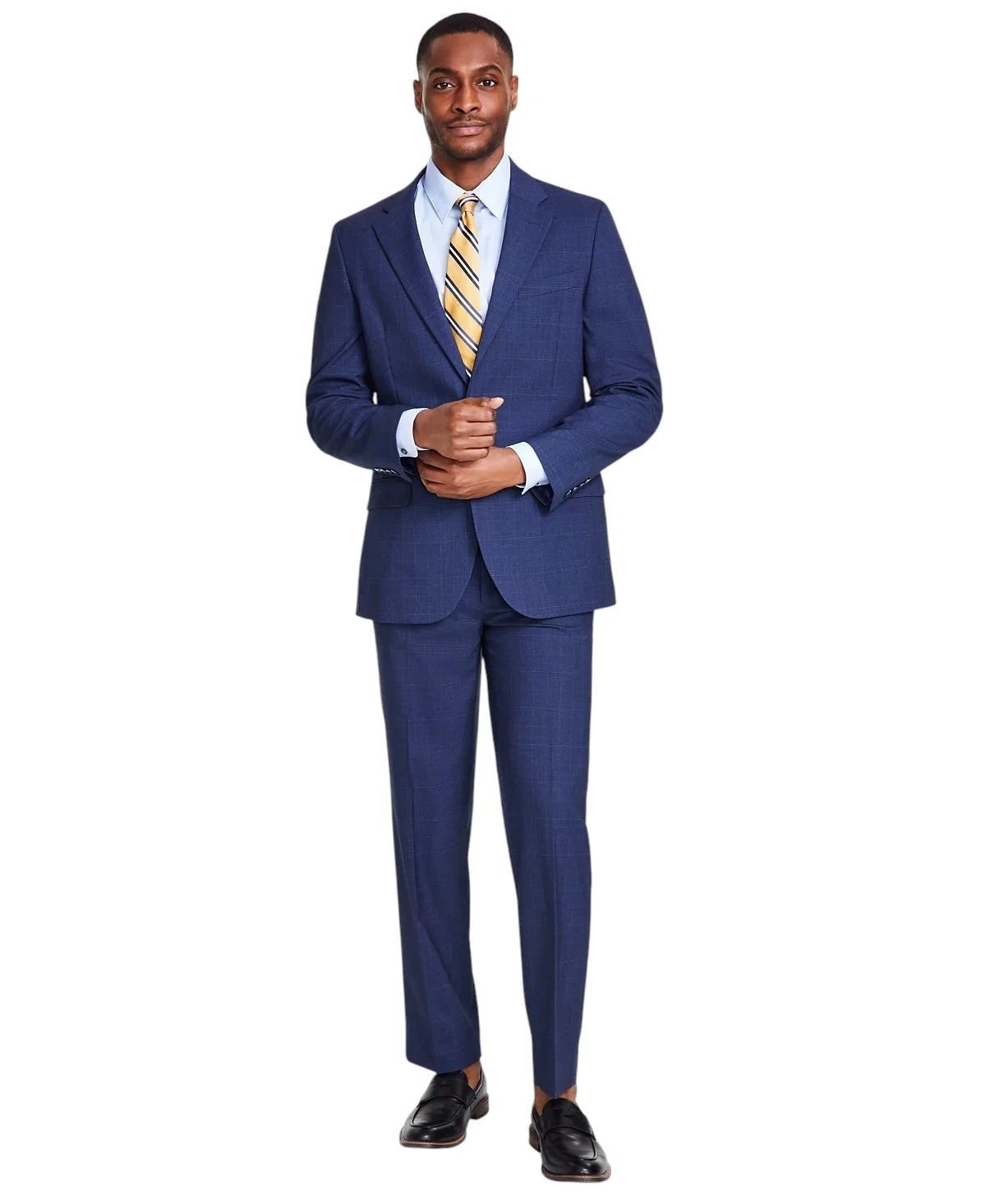 Nautica Mens Modern Fit 2 Piece Suit 46 R / 40 Waist Blue Plaid Plaid Stretch
