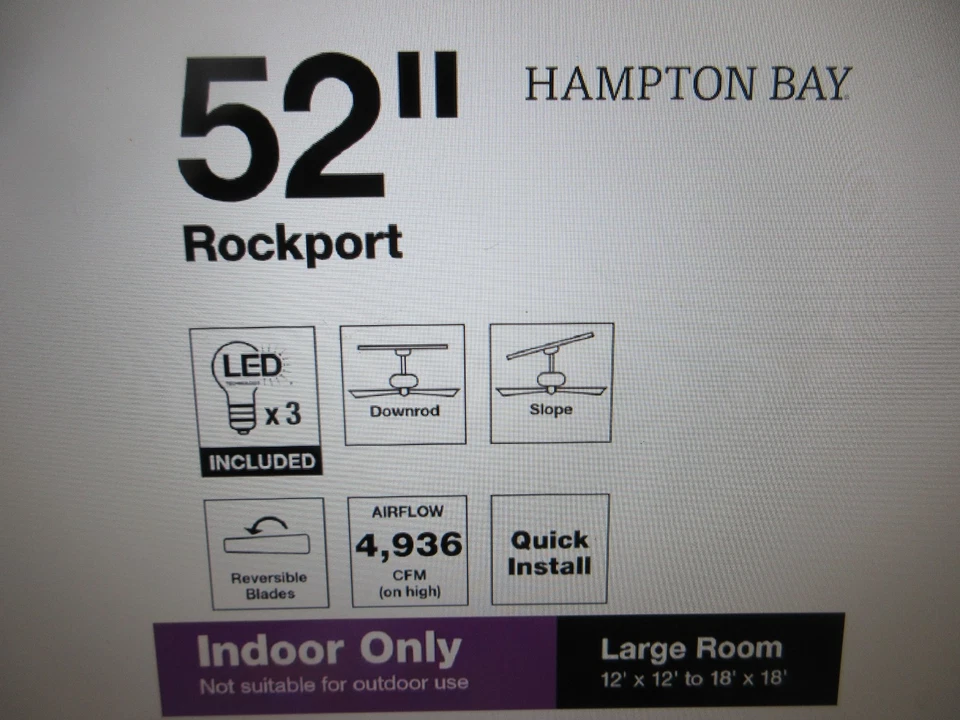Hampton Bay Rockport 52 in. Indoor LED Brushed Nickel Ceiling Fan with Light - Image 3 of 4