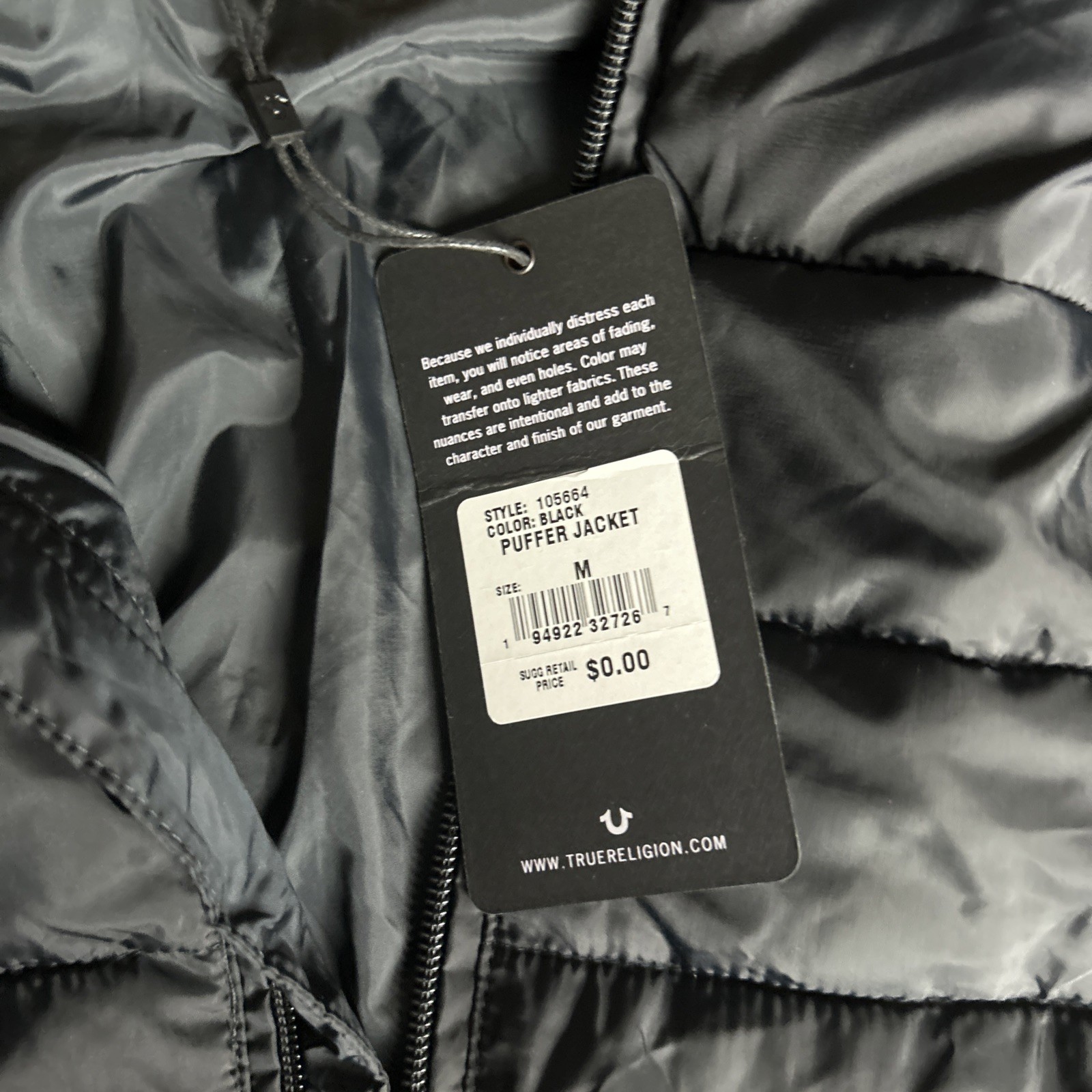 True Religion Men's Lightweight Puffer Jacket Black Size Medium RRP£139 (G9) image 6