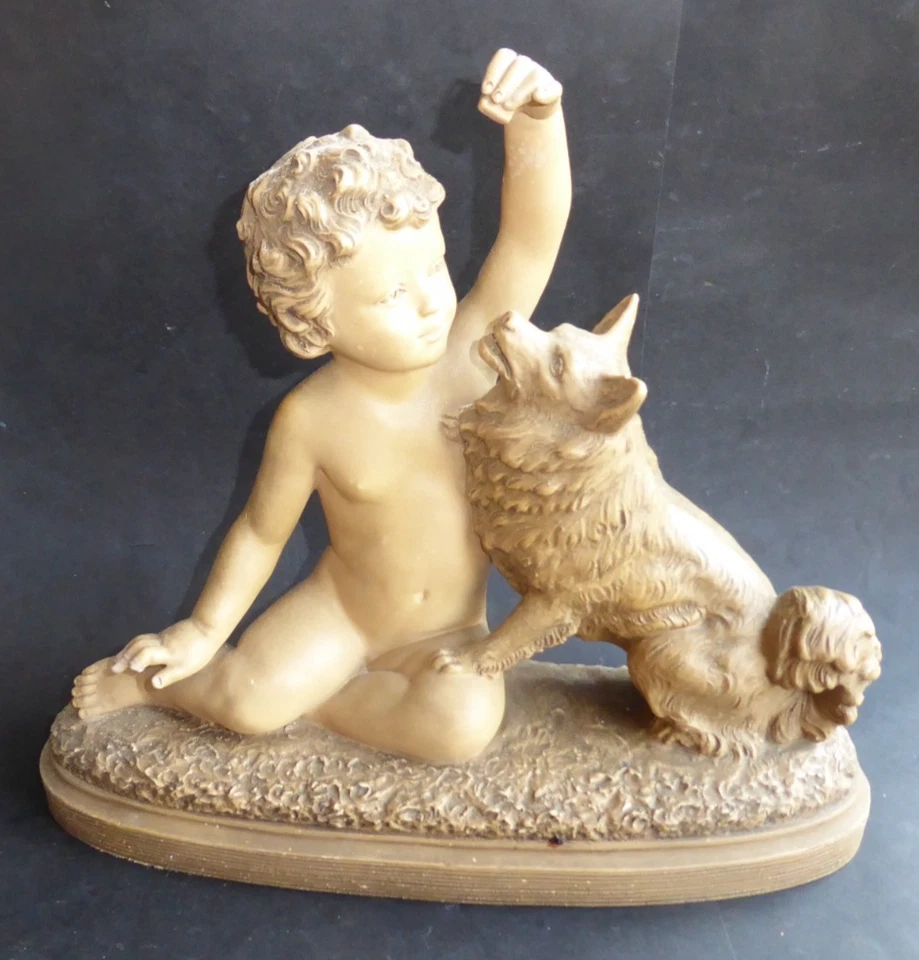 Grande Sculpture enfant avec son chien terre cuite signée B Rez Bohumil Rezl - Photo 1/4