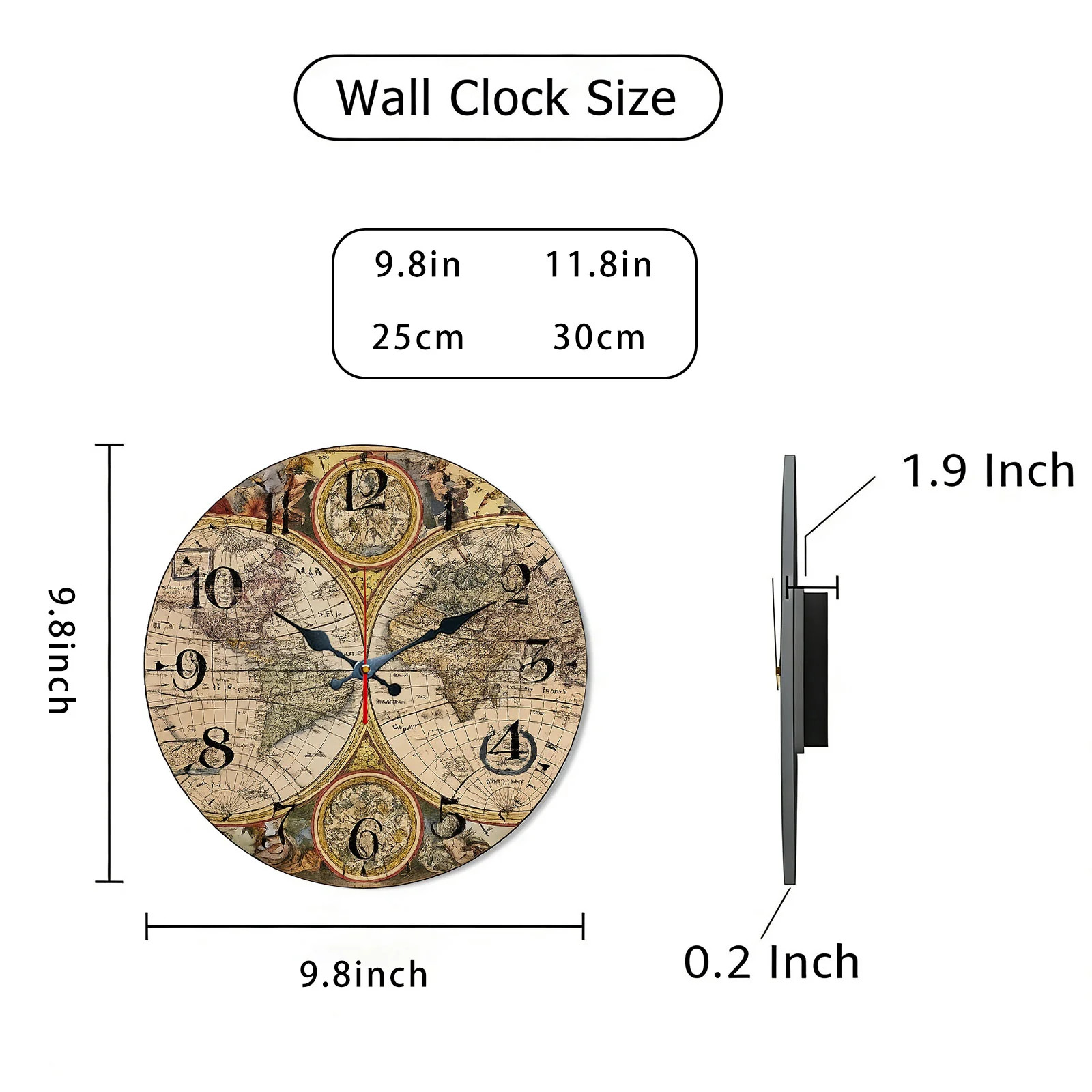 Vintage World Map Wall Clock Wooden Silent Clock No Battery Holiday Home Decors