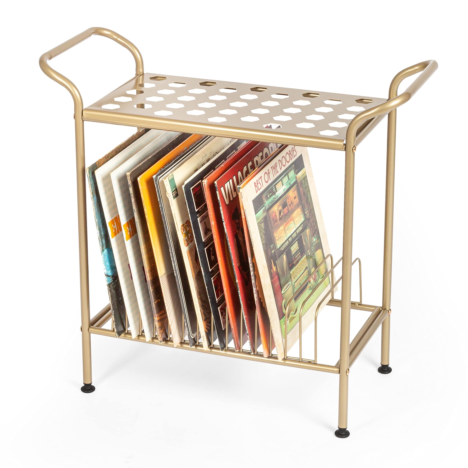 Vintage Vinyl Record Player Stand With Gold Metal Frame And Storage Shelves-image