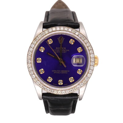 Rolex Herren Datejust 36mm Gold/Stahl Vereist 1.75ct Diamant Blau Dial Leder