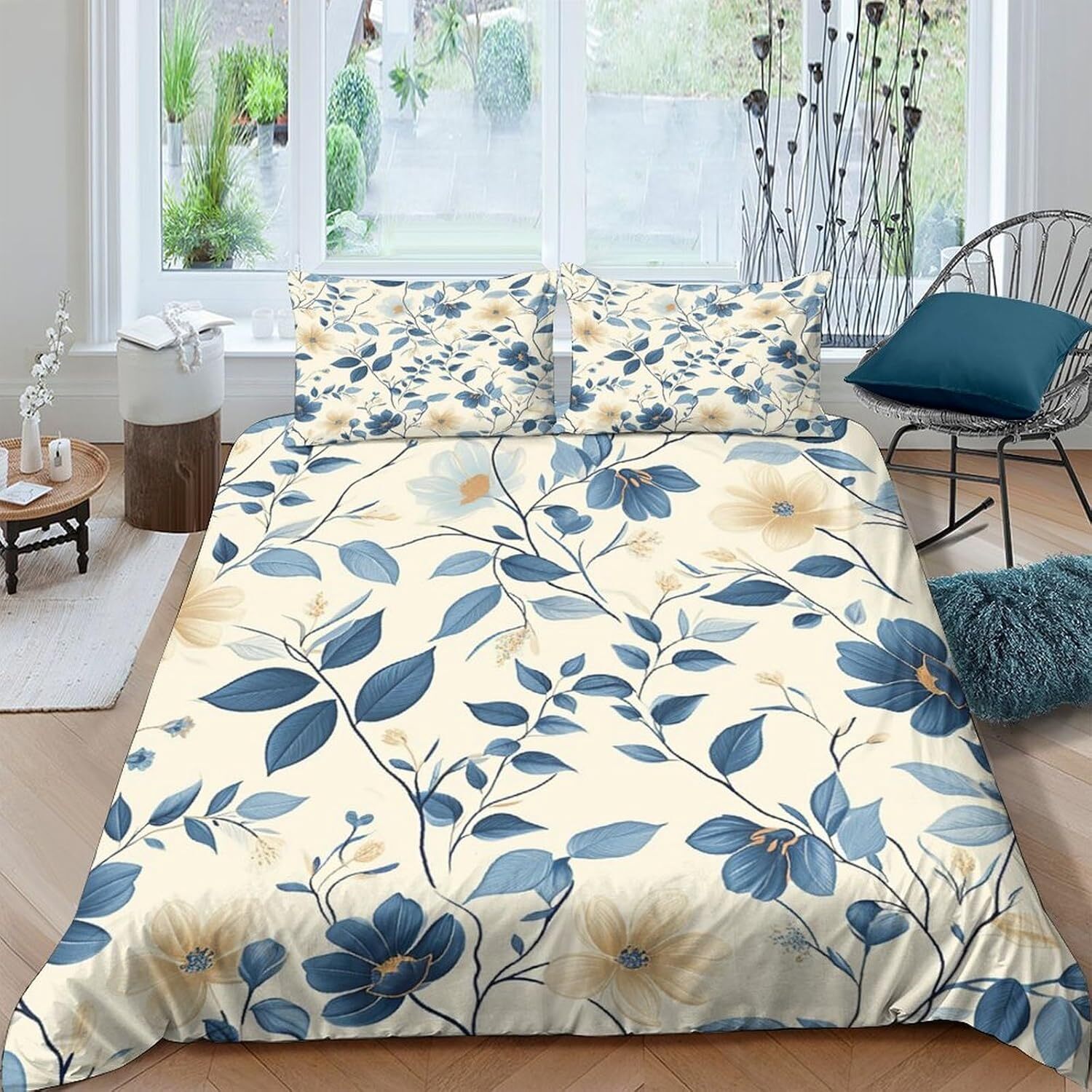 Juego de cama con funda nórdica de microfibra floral azul y estampado 3D para niños jóvenes