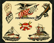 VINTAGE Fist US Flag Eagle Black Cat Jaguar Ship Colored TATTOO Flash Print