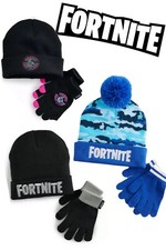 NWT Licensed Kid's Blue Camo FORTNITE Logo LLAMA Winter Beanie Hat  Gloves Set