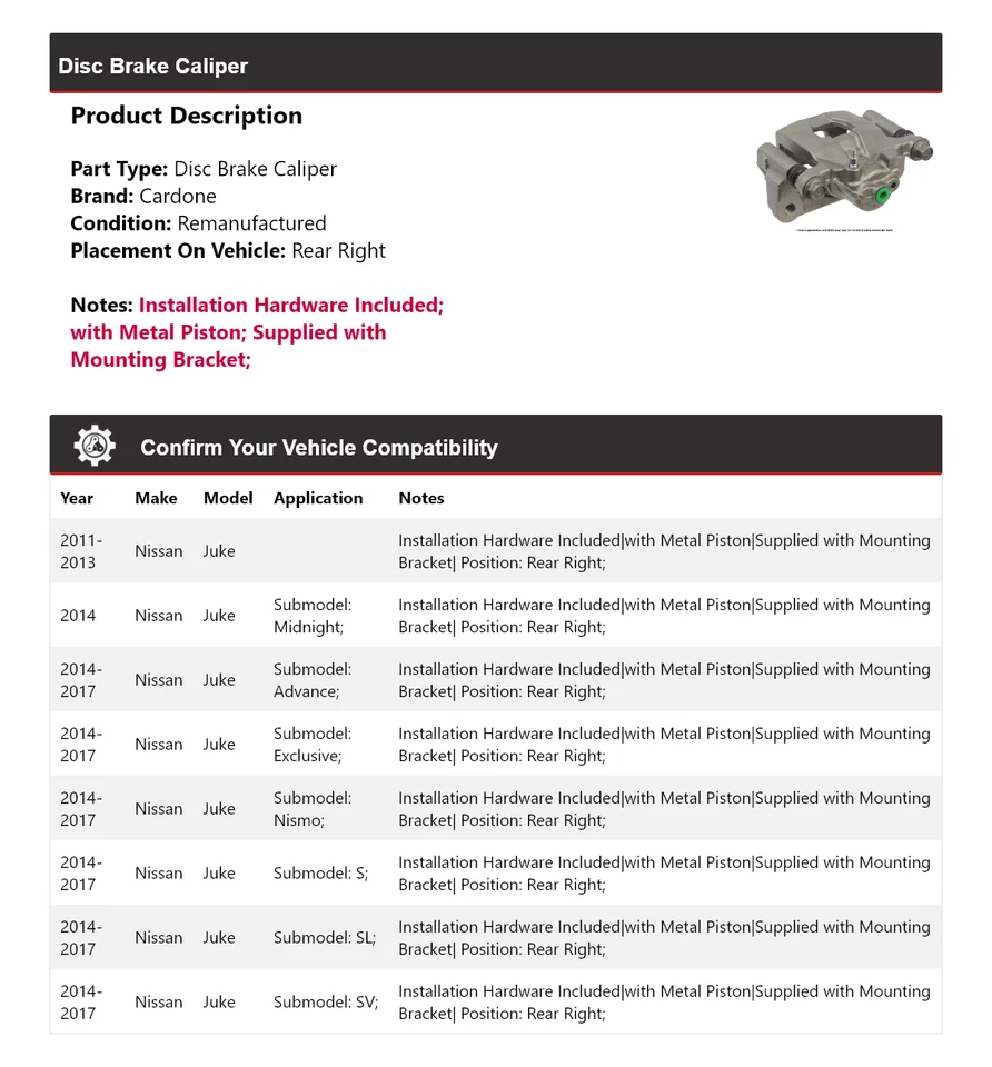 Pinza de freno de disco trasera derecha Cardone 2012 2013 2014 para Nissan Juke 2011-2017 Foto 2 de 4