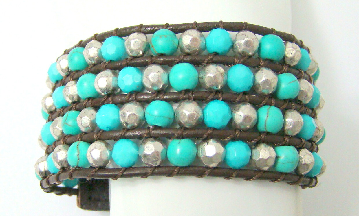 Turquoise Blue Bead Bracelet Brown Leather Cuff Silver Tone Beads 4