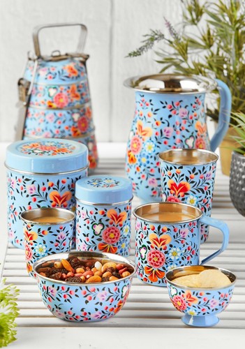 Handpainted Fairtrade Enamel Small Tumbler Blue Floral Pattern - Picture 2 of 3