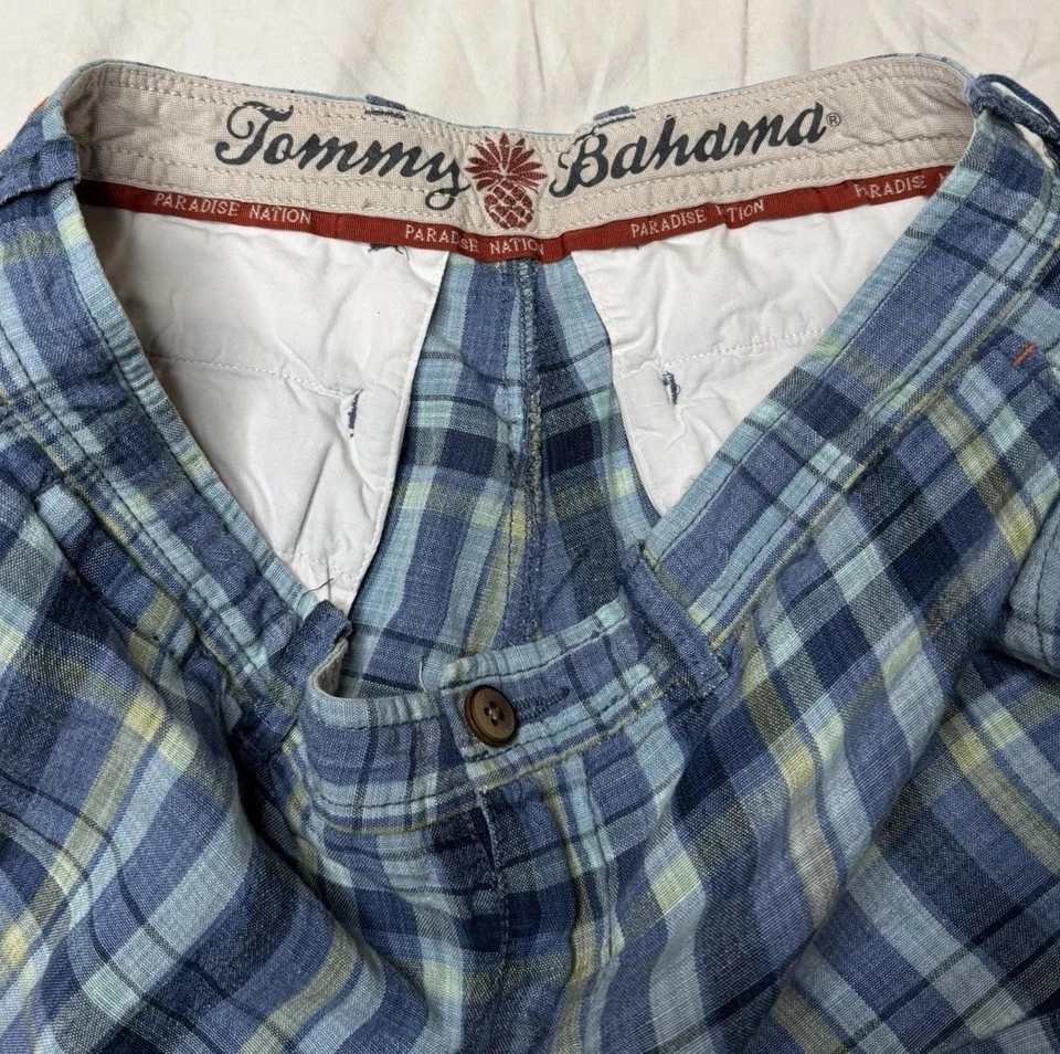 Tommy Bahama Shorts Mens 33 x 9 Blue Plaid Linen Blend Casual Summer Lightweight - Image 2 of 4