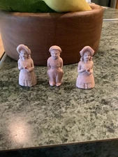 German Salt Stone Carved Figurines Penny Dolls 2 Girls 1 Boy Vintage Rare Pink