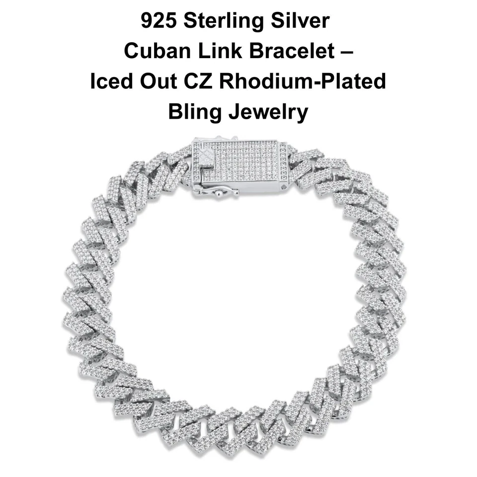 Pulsera de eslabones cubanos Miami de plata 925 con circonita cúbica para hombre rodio plata esterlina 925 helada Foto 4 de 4