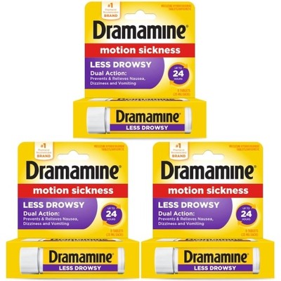 Dramamine Motion Sickness Relief Less Drowsey Formula, 8 Count (Pack of 3)