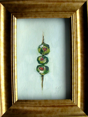 Cocktail Oliven gerahmt Original Ölgemälde Stillleben Wandbild Leinwand 4x6 Zoll