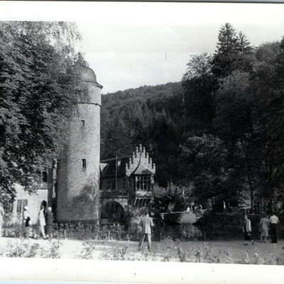 Vtg European Castle Tower Snapshot Photo Medieval Fortress Tourists Forest Trees