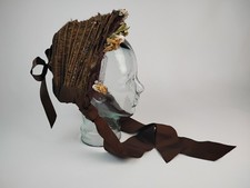 Antique 1850's Brown Silk Bonnet with Velvet Ribbons Floral Museum Deaccession