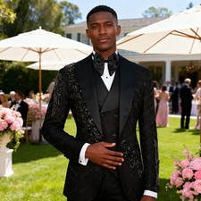 Luxurious Men Beaded Suit Jacquard Jacket Formal Single Breasted Party Wedding