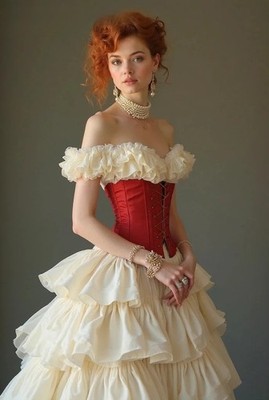 Vintage Victorian Wedding Dress Ruffles Off Shoulder Tiered Beige And Red  Corset | eBay