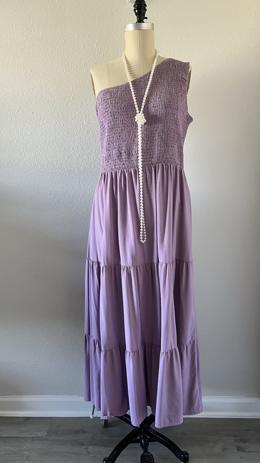 Lavender Purple One Shoulder Maxi Dress Smocked XL Tiered Boho Coastal Escape