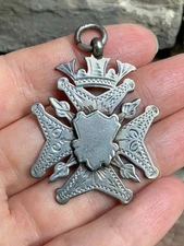 Antique Sterling Silver Pendant Necklace Medal Fob Shield Handcrafted